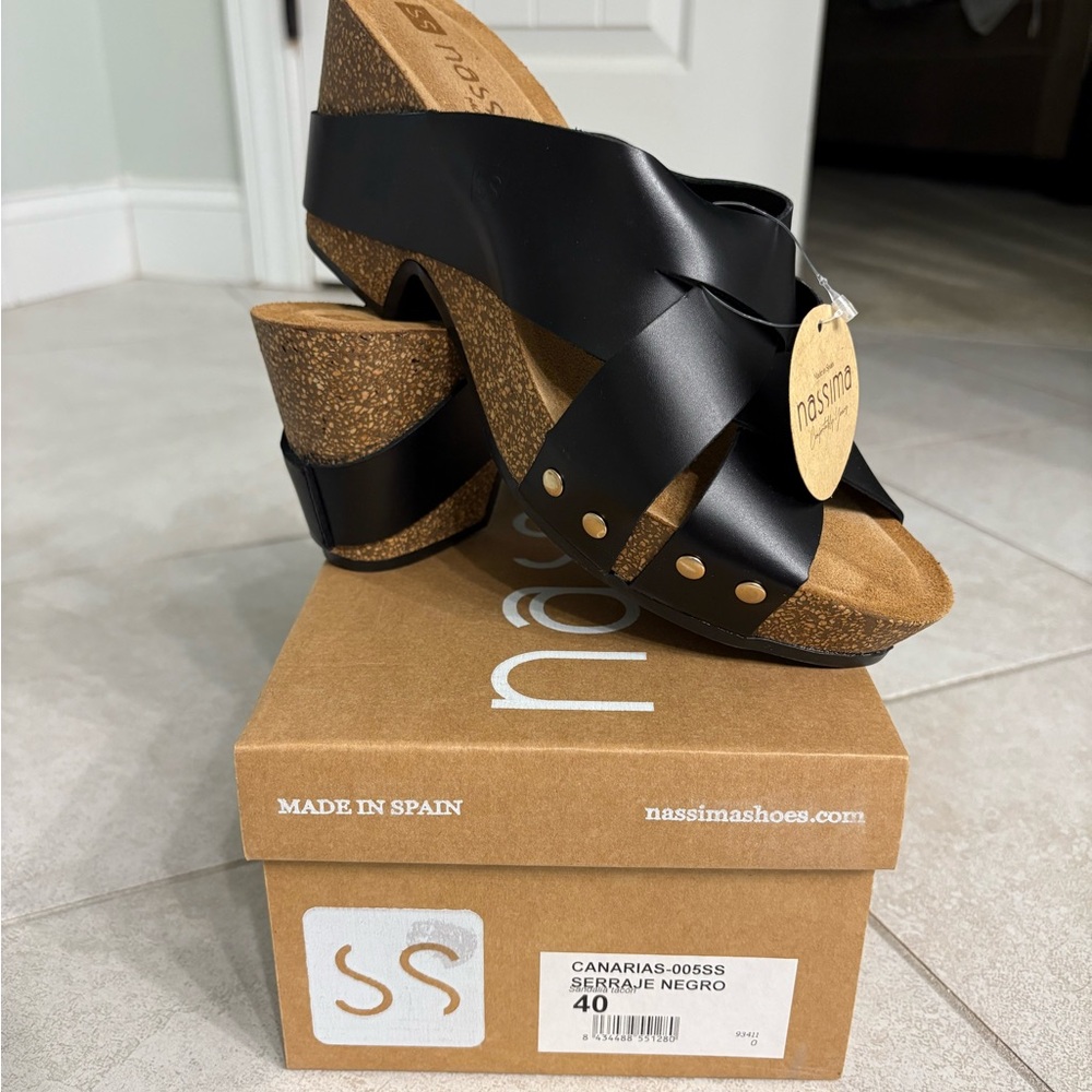 Nassima Shoes - Black Wedge Sandals, Size 40, Made in Spain, Orthodontic